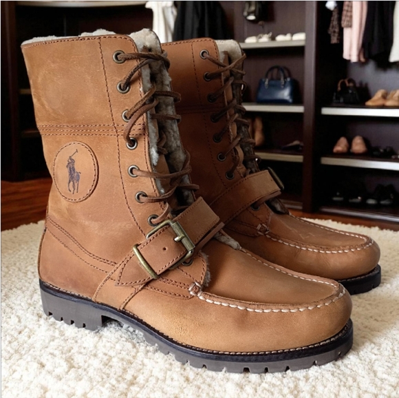 Polo Ralph Lauren  Tan Suede Sherpa Lined Lace Up Boots - Picture 1 of 10